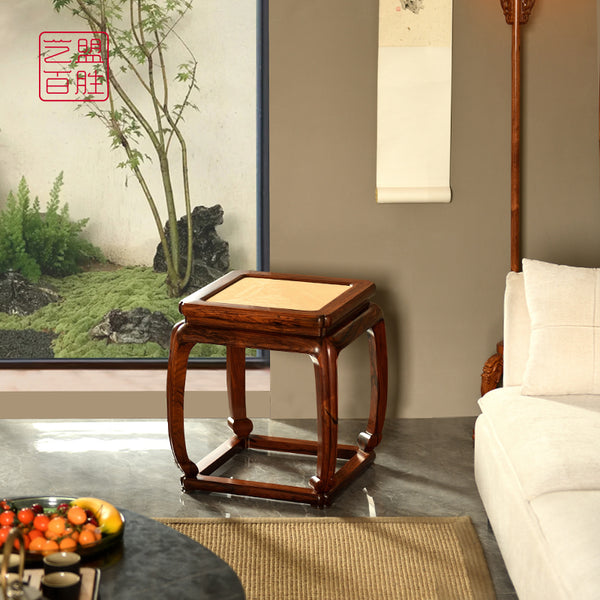 Mikado Rosewood Small Square Stool with Curved Legs and Rattan Seat 微凹黄檀小凳子