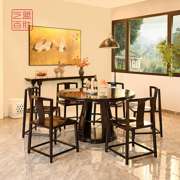 African blackwood round dining table with six chairs 紫光檀圆餐桌、