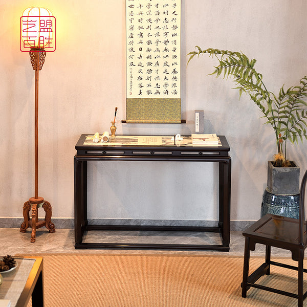 African blackwood side table inlaid with cloud stone and connected legs 紫光檀镶嵌云石带托尼条案