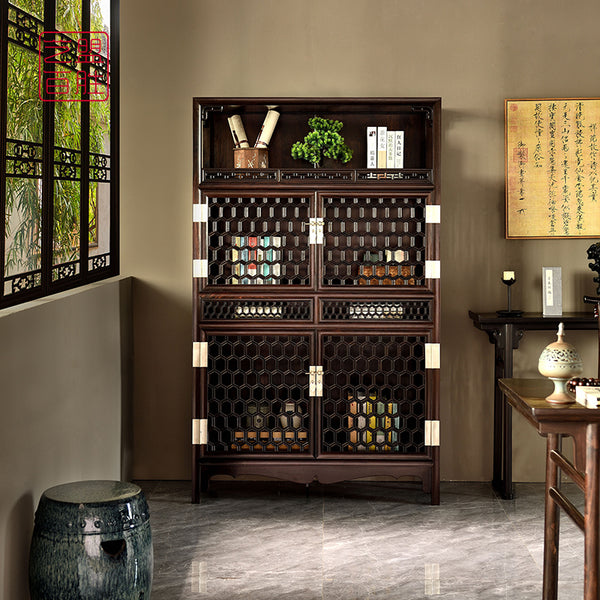 hollowed-out storage cabinet with tortoise shell pattern in African blackwood 紫光檀龟背纹柜子