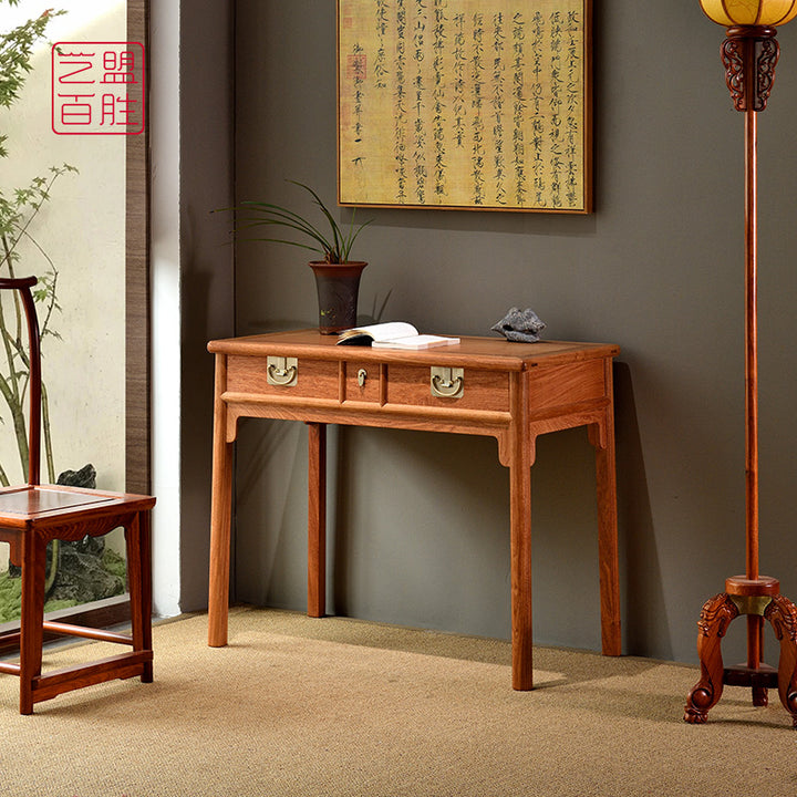 Elegant Pterocarpus Macrocarpus wood desk with two large drawers and one small drawer