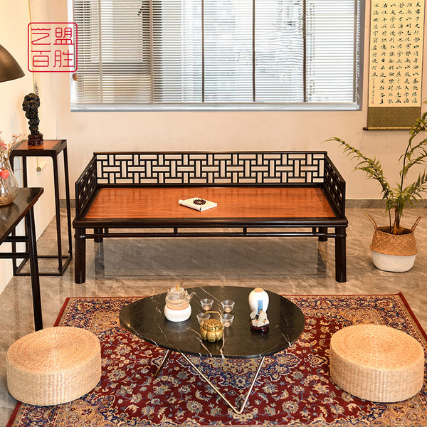 hollowed-out sofa bed inlaid with big-leaf rosewood in African blackwood 紫光檀镶嵌缅花罗汉床