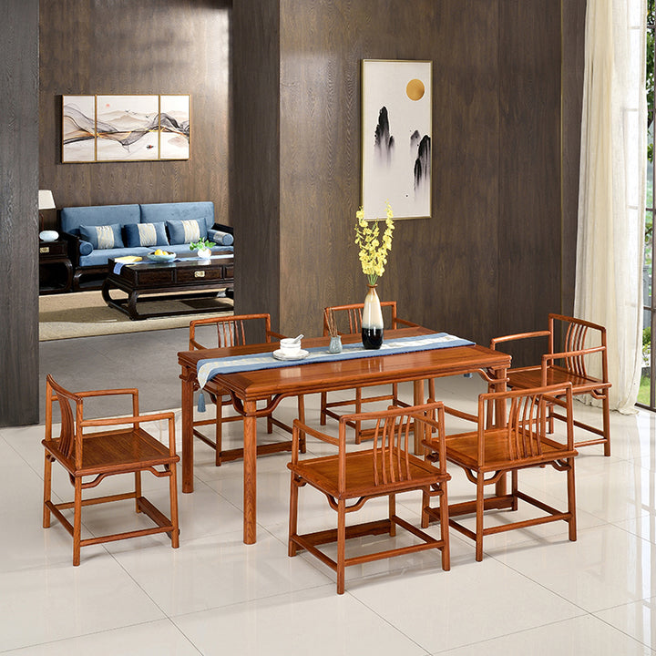 A Pterocarpus macrocarpus Zen dining table set with six chairs.