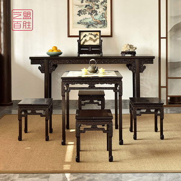 A square table in Qing Dynasty style with floral carvings, made from African blackwood, accompanied by four matching stools. 紫光檀拐子龙纹方桌