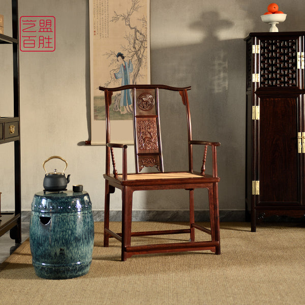 Red Sandalwood Chair with Crane and Deer Carvings 小叶紫檀鹤鹿同春藤面四出头官帽椅