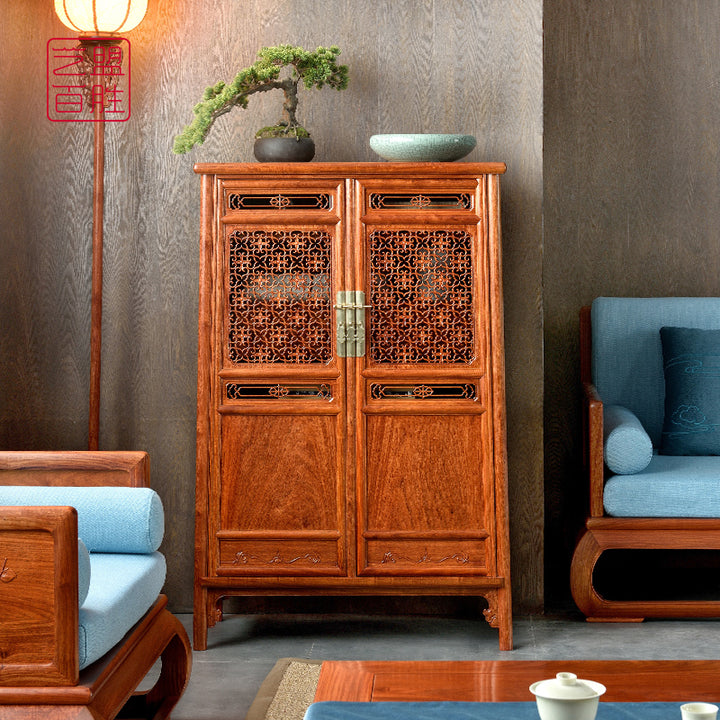 Beautifully crafted Pterocarpus macrocarpus round corner cabinet with intricate carvings.