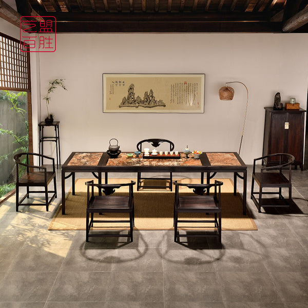 African Blackwood Song Dynasty-Style Marble Tea Table Set (Six-Piece) 紫光檀宋代风格茶桌