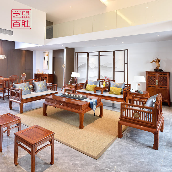 Traditional Chinese Pterocarpus macrocarpus sofa set with straight slat design