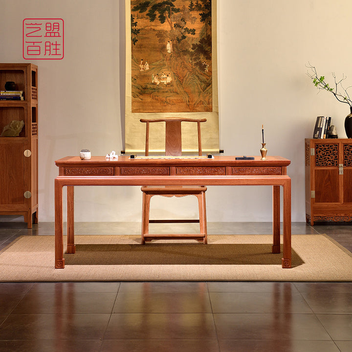 Antique Style Desk with Four Drawers and Dragon Carvings