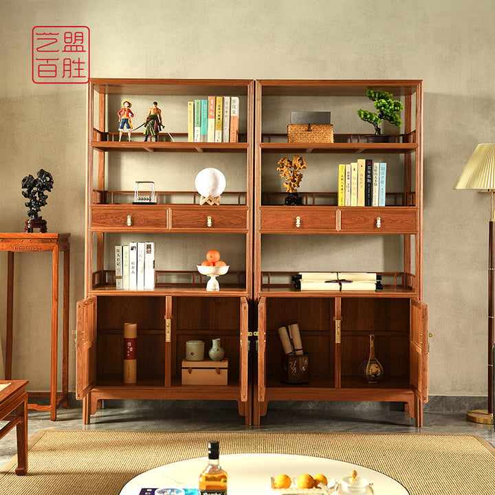 Traditional Pterocarpus macrocarpus bookshelves with distinctive melon-shaped legs