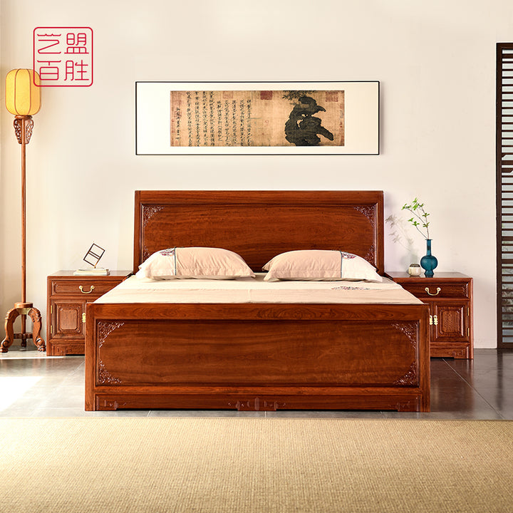 Stylish bed with storage space and headboard, crafted from Pterocarpus Macrocarpus