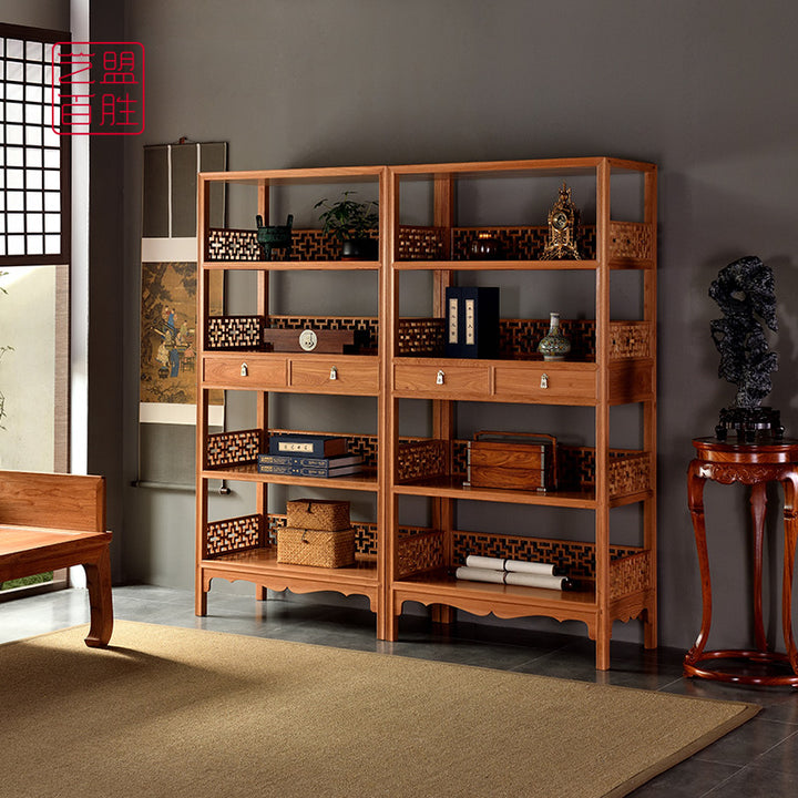 Traditional Pterocarpus macrocarpus bookshelf featuring Wang Shixiang's design.