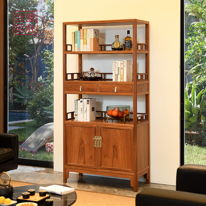 Two Pterocarpus macrocarpus bookshelves showcasing melon-shaped leg craftsmanship