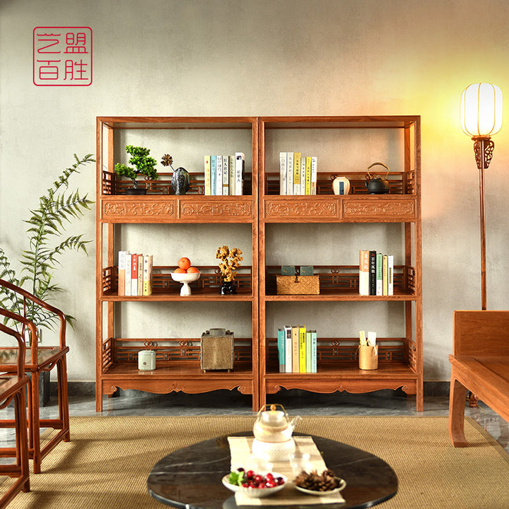 High-quality Pterocarpus Macrocarpus bookcase with detailed dragon carvings