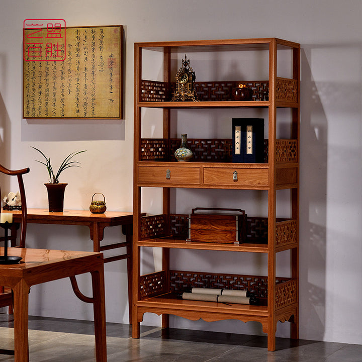 Exquisite Pterocarpus macrocarpus bookshelf with cross-patterned shelves.