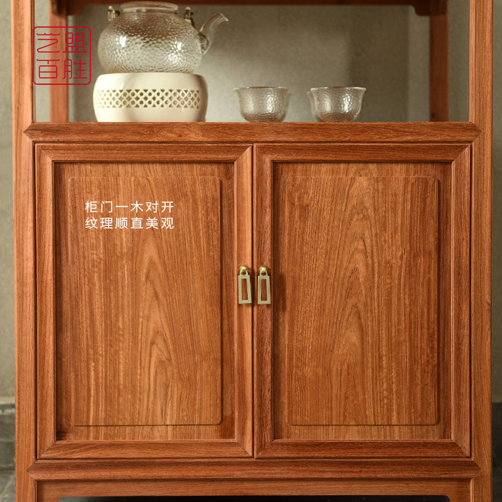 Functional small cabinet for tea and water with open top shelf.