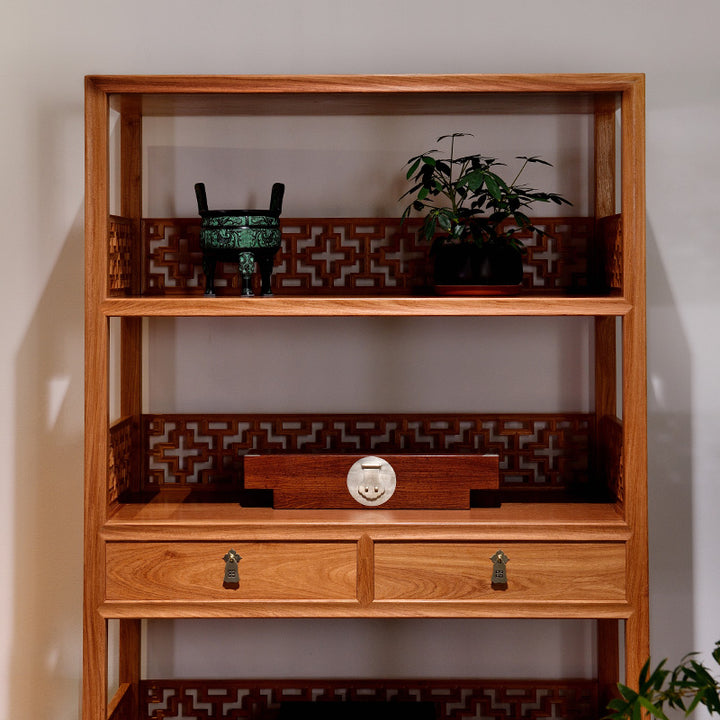 Pterocarpus macrocarpus cross bookshelf showcasing elegant craftsmanship.