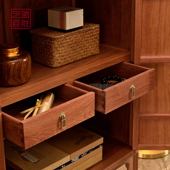 Pterocarpus cabinet featuring intricate wood grain patterns