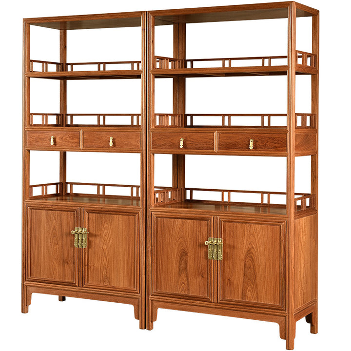 Detailed view of Pterocarpus macrocarpus bookshelves featuring melon-shaped legs