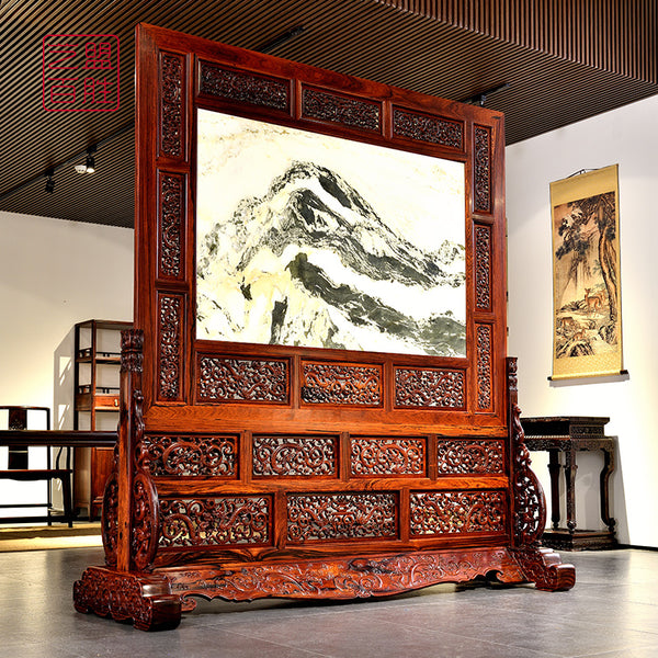 Mexican Granadillo screen with inlaid marble and intricate carvings