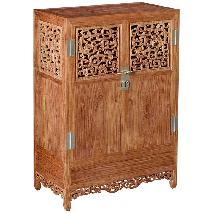 Handcrafted Pterocarpus cabinet with ornate dragon motifs.