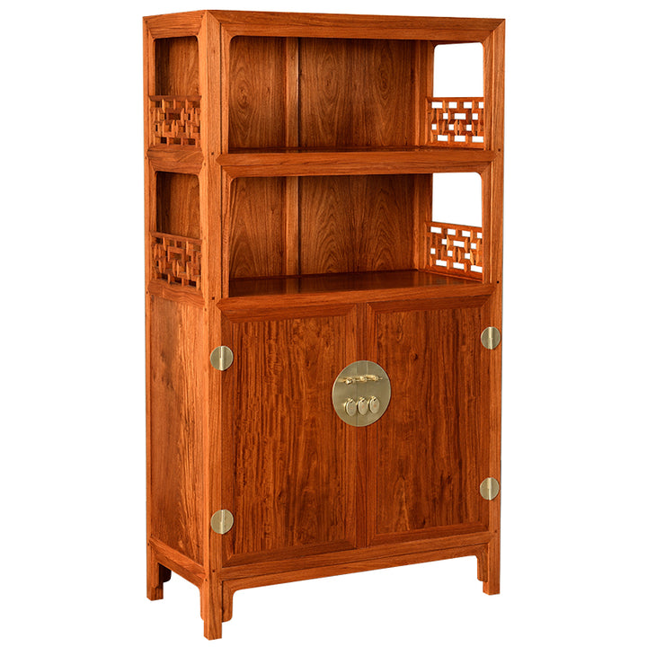 Timeless Pterocarpus Macrocarpus bookcase with a blend of open and closed storage.