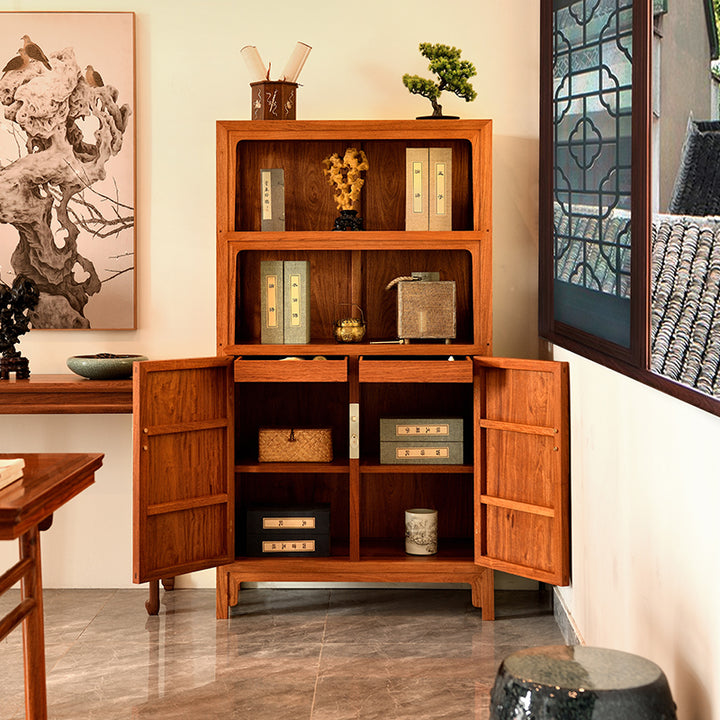 Decorative Pterocarpus Macrocarpus bookcase inspired by the Wanli Emperor period.