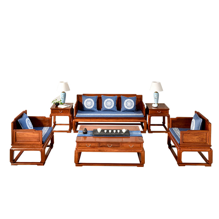 Rosewood living room set with elegant blue cushions and a simple, classic design.