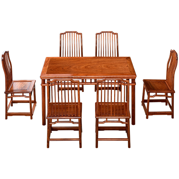 A Pterocarpus macrocarpus dining table set with six lantern-style chairs.