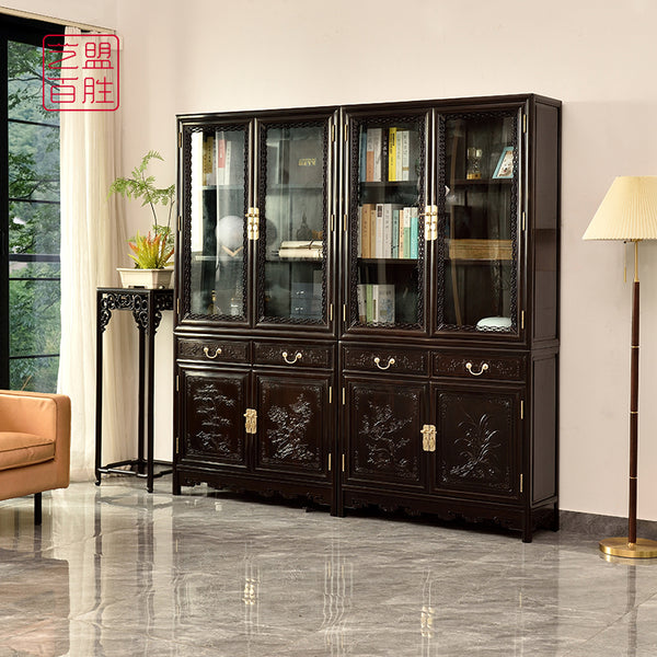 A bookcase with glass doors made of African blackwood, carved with plum, orchid, bamboo, and chrysanthemum motifs.紫光檀梅兰竹菊书柜