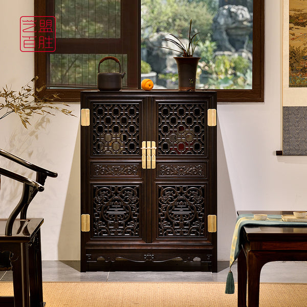 African Blackwood Square Cabinet with Dragon Carving Holding the Character for Longevity 紫光檀雕龙透格柜