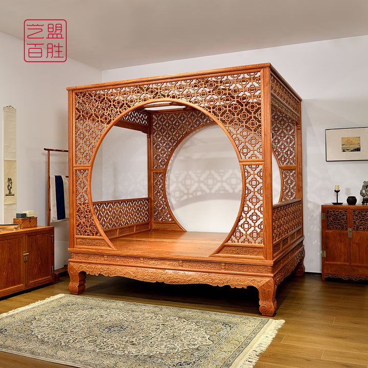 Elegant Pterocarpus macrocarpus moon gate bed with intricate begonia pattern.