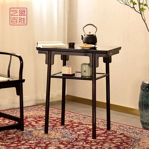 A two-tier small coffee table made from African blackwood 紫光檀夹头榫带屉板平头案