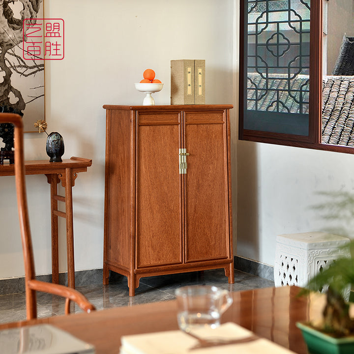 Elegant Pterocarpus Macrocarpus round corner cabinet with begonia design.