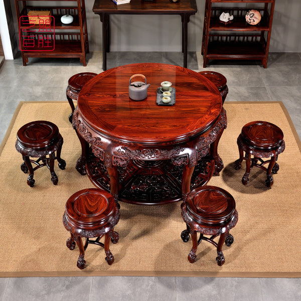 Mikado Rosewood Round Table with Carved Lion Playing Ball Design and 6 Stools 微凹黄檀狮子滚绣球圆桌