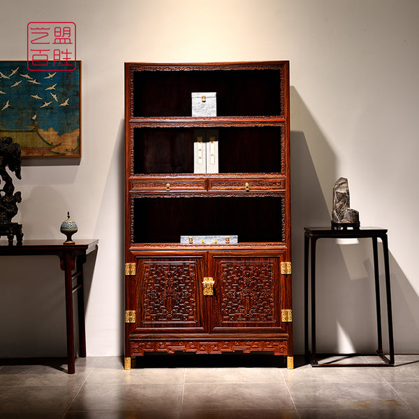 Pair of Mikado Rosewood Bookshelves with Carved Kui Dragon Patterns 微凹黄檀福庆有余书柜