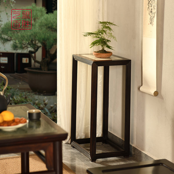 African Blackwood Flower Stand with Meander Pattern and Marble Inlay 回纹方几