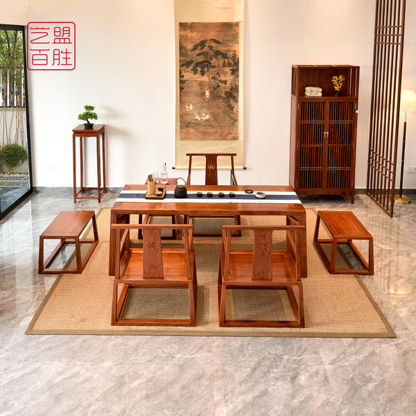 Pterocarpus macrocarpus cloud pattern tea table set with matching chairs and benches.