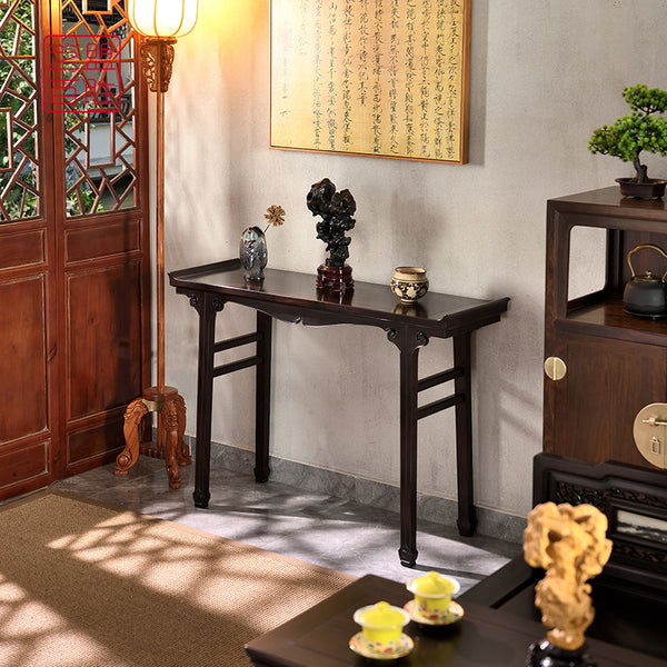 African blackwood table with curled cloud patterns and sword-like legs 紫光檀剑腿翘头条案