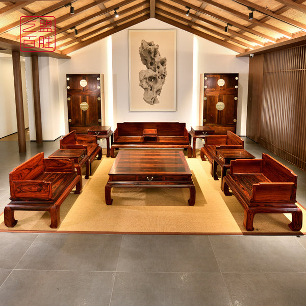 Plain 11-Piece Mikado Rosewood Sofa Set with Three-Sided Solid Panels 微凹黄檀三围独板沙发