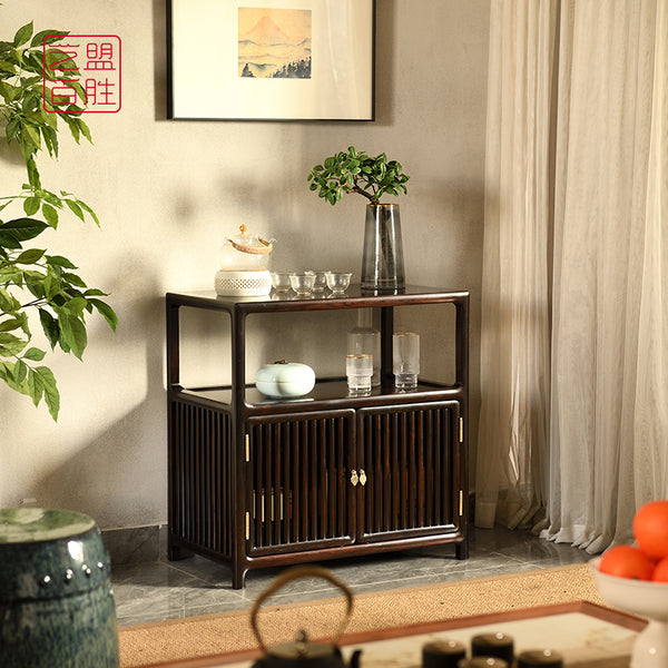 A small tea cabinet with round wooden bars, made from African blackwood 紫光檀直棂茶水柜