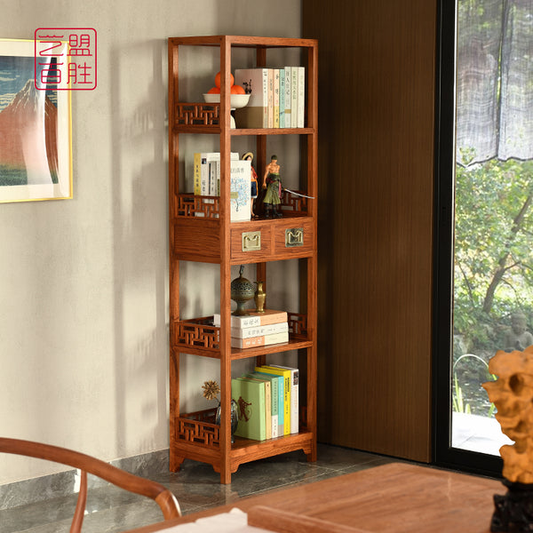 Pterocarpus Macrocarpus pin-style bookshelf with intricate carvings