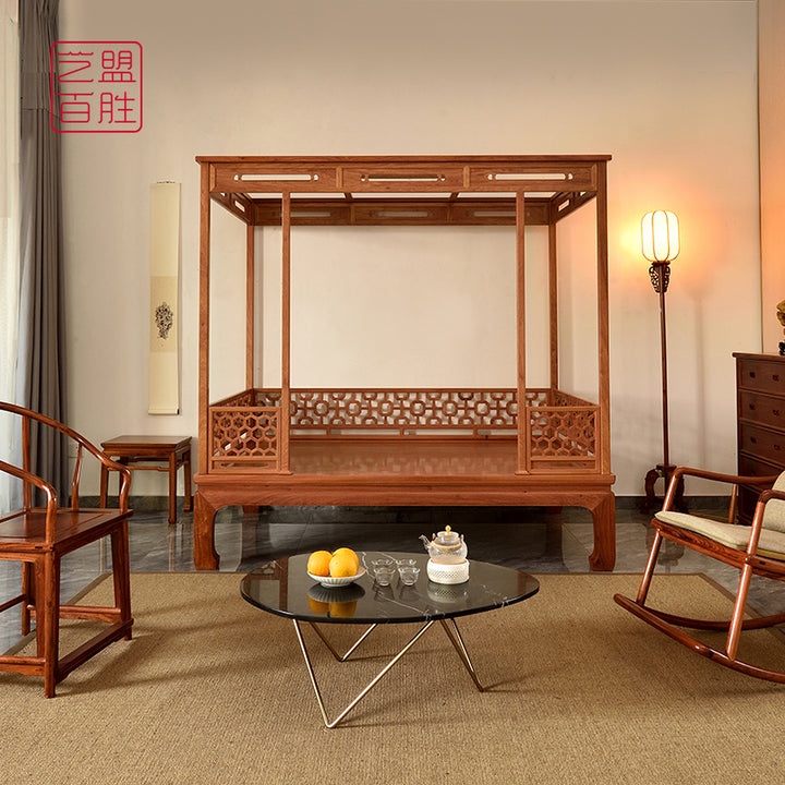 Six-Post Canopy Bed Featuring Delicate Carvings