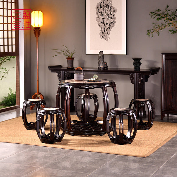 African Blackwood Round Marble Table + 5 Stools 紫光檀圆鼓桌一套