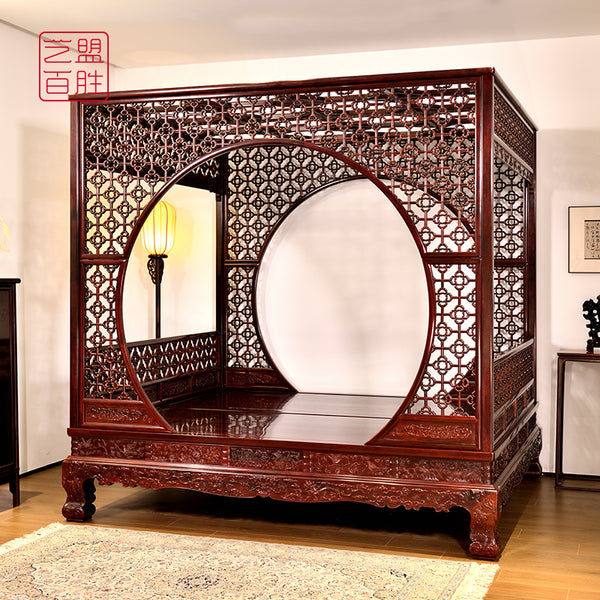 Red Sandalwood Peony Half-Moon Double Bed 小叶紫檀海棠月洞门架子床