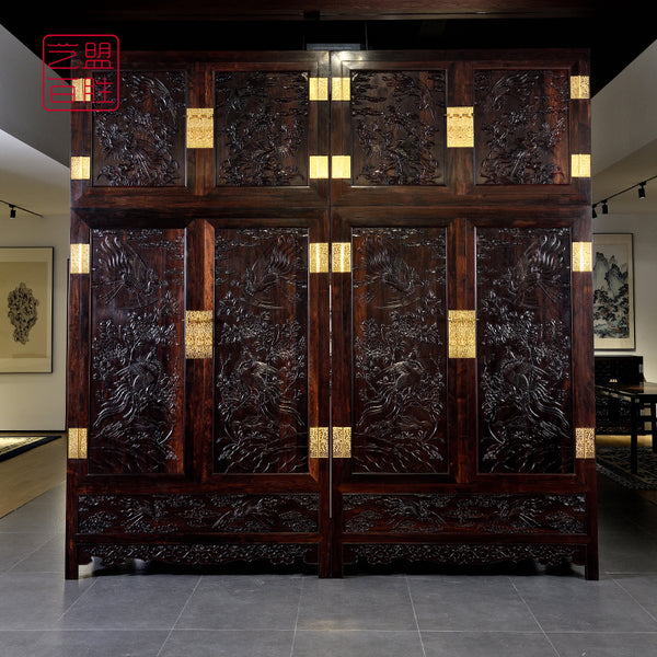 African Blackwood Large Wardrobe with Peony and Phoenix Carvings 紫光檀鸾凤牡丹顶箱柜