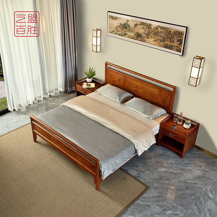 Handcrafted plain rosewood bed with a smooth finish and matching nightstands.