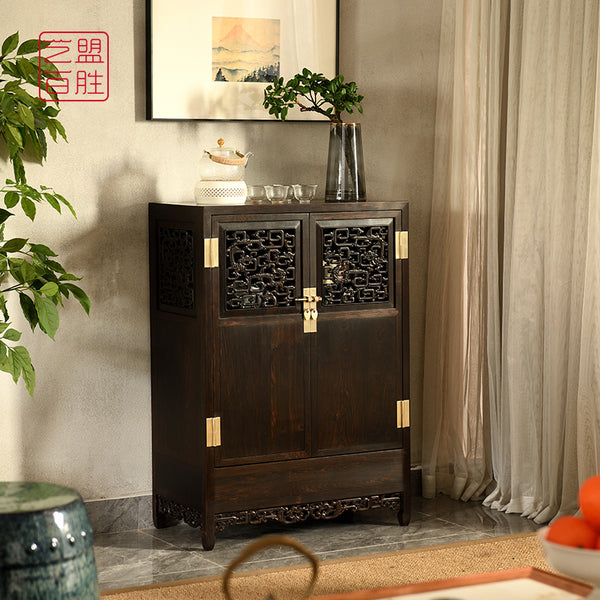 A small tea cabinet with dragon carvings, made from African blackwood 紫光檀螭龙纹小方角柜