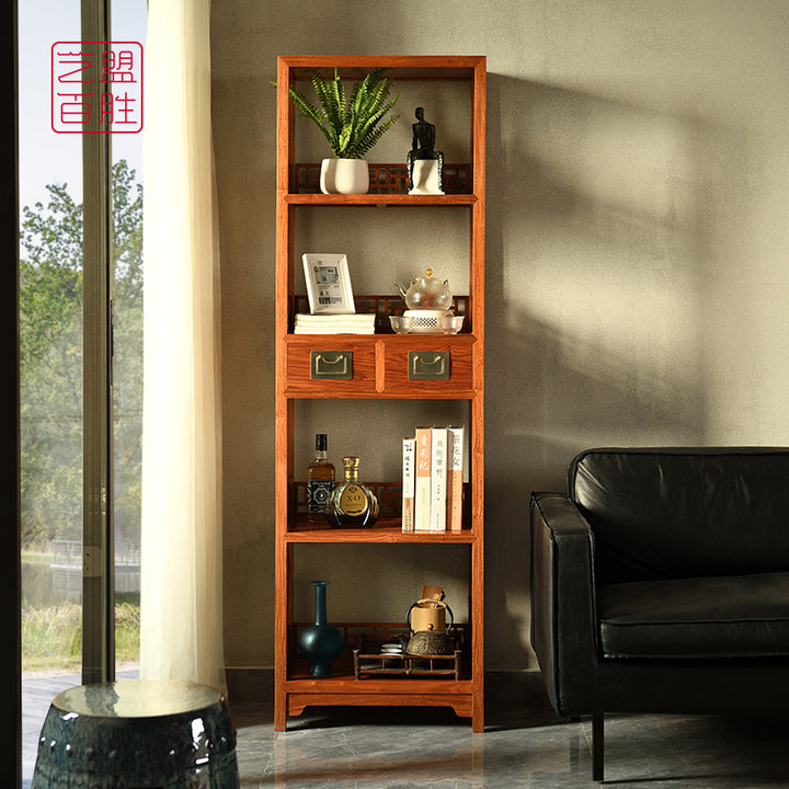 Elegant wooden bookshelf with drawers, made of Pterocarpus Macrocarpus