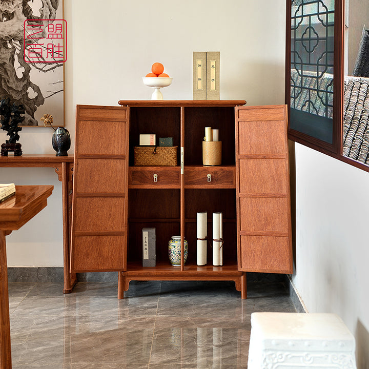 Classic Pterocarpus Macrocarpus wooden cabinet with round corners.